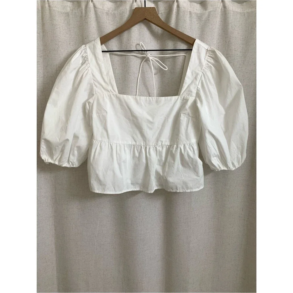 Abercrombie & Fitch Cotton Square-Neck Peplum Poplin Puff Sleeve Top White Med
